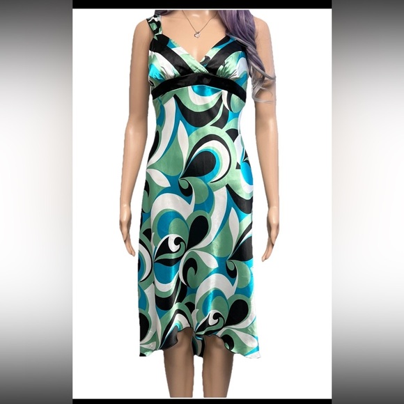 Y2K Babydoll Satin Halter Midi Dress Sz 3 Abstract Deep V-neck Sundress Resort - Picture 1 of 9